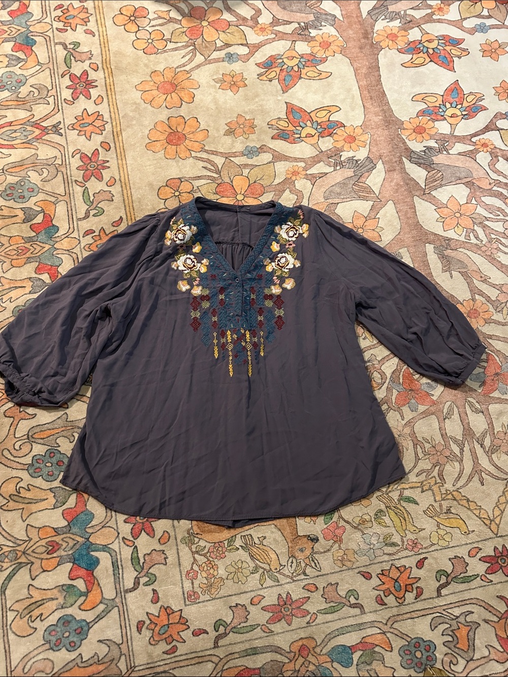 Vintage Slate Blue Embroidered V-Neck Tunic